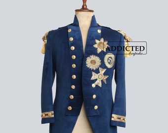 Men Designer Gothic Blue Coat Rococo Style Victorian Costume Button Closure Shoulder Strap Custom Made History Wedding Theater Long Blazer