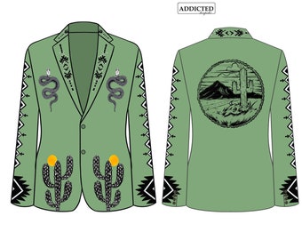 Cowboy Men Custom Made 2 Piece Country Western Suit Green Cotton Mariachi Style Embroidered Groomsmen Prom Outfit Wedding Cocktail Attire