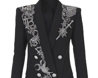 Women's Custom Made Double Breasted Tuxedo Jacket Silver Embroidered Stone Embellished Black Cotton Blazer Wedding Cocktail Dress Coat