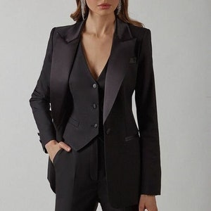 Women Bespoke Designer Cotton 3 Pc Black Suit Single Breasted Coat Pant With Vest Wedding Formal Cocktail Dinner Business Prom Party Attire