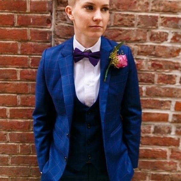 Traje de boda de diseñador a medida para lesbianas, traje de 3 piezas de algodón con un solo pecho, traje de boda para mujer, Mes del Orgullo, traje formal de boda de la comunidad LGBTQ