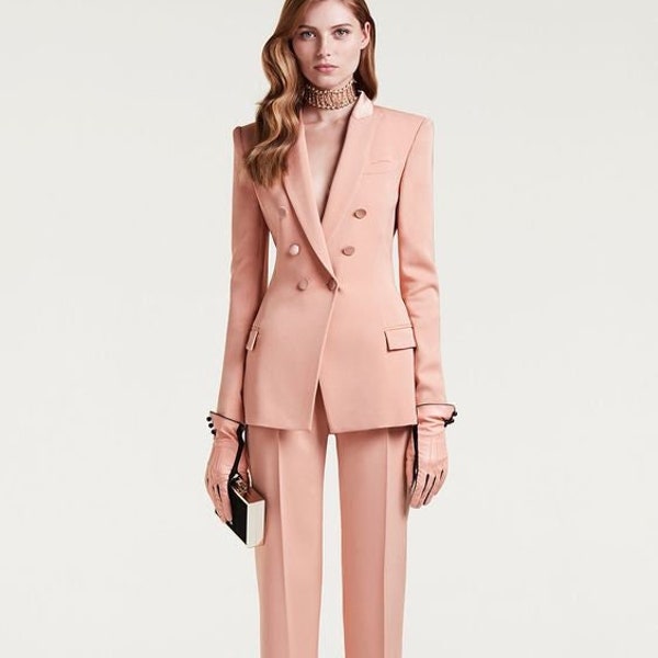 Women Peach Cotton 2 Piece Suit Tailor Made Double Breasted Peak Lapel Surgeon Cuff Wedding Coat Pant Bridesmaid Prom Cocktail Party Attire