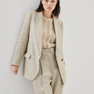 Women's Single Breasted Beige Linen 2 Piece Suit Tailor Made Designer Peak Lapel Office Lunch Formal Pantsuit Party Prom Bridesmaid Outfits