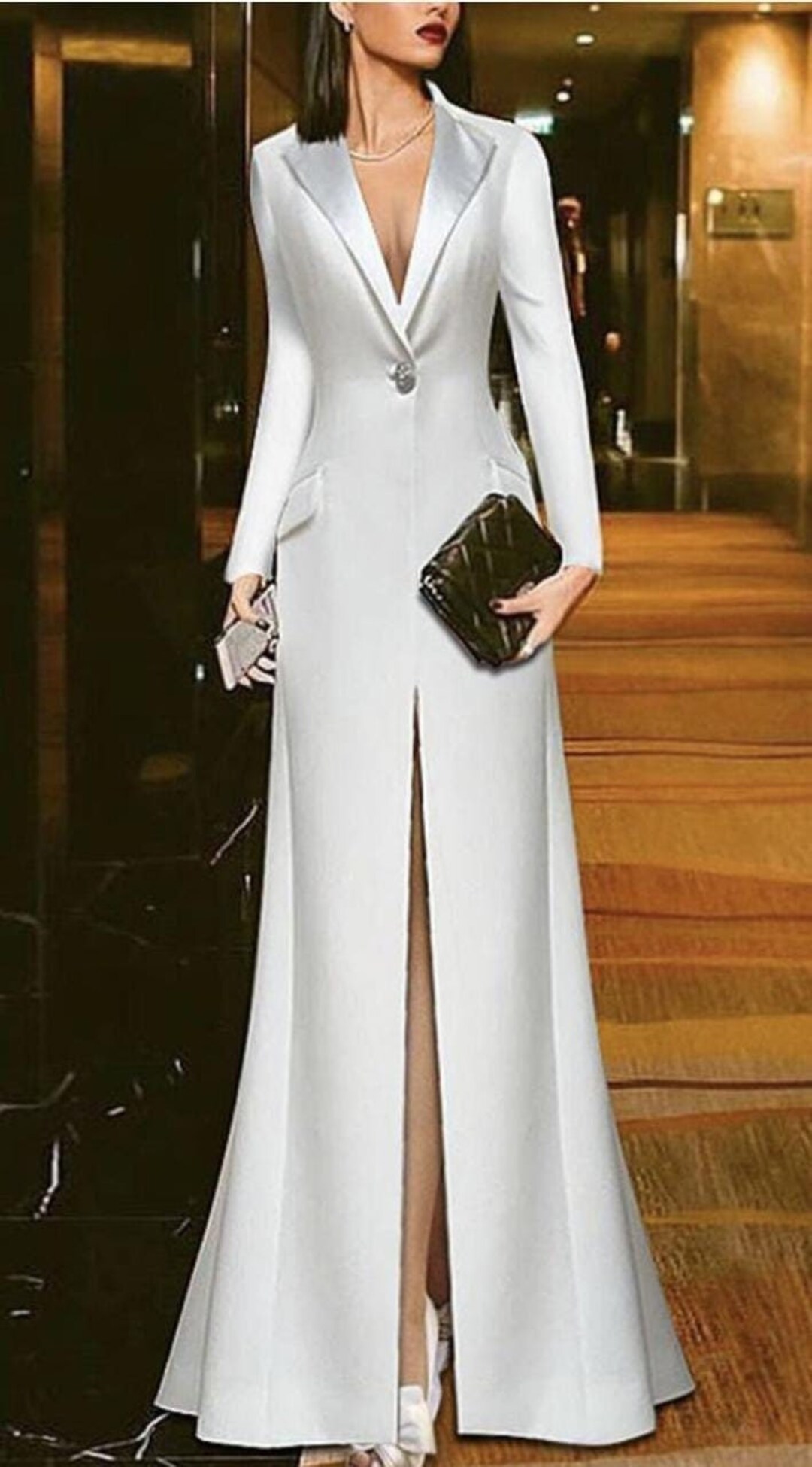 Women Custom Made White Cotton Long Blazer Dress Designer Tuxedo Style Women Custom Made White Cotton Long Blazer Dress Designer Tuxedo Style
