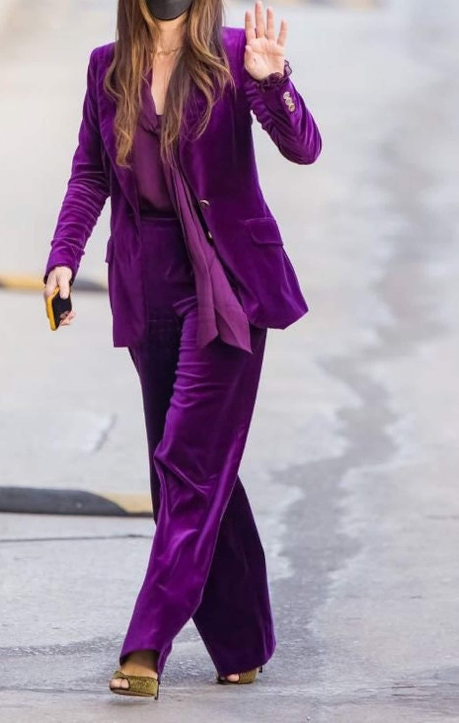 Elegant Two Piece Black Lapel Suit Dress with Purple Velvet