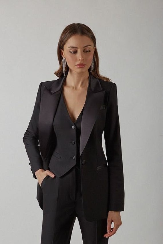 Women Bespoke Designer Cotton 3 Pc Black Suit Single Breasted Coat