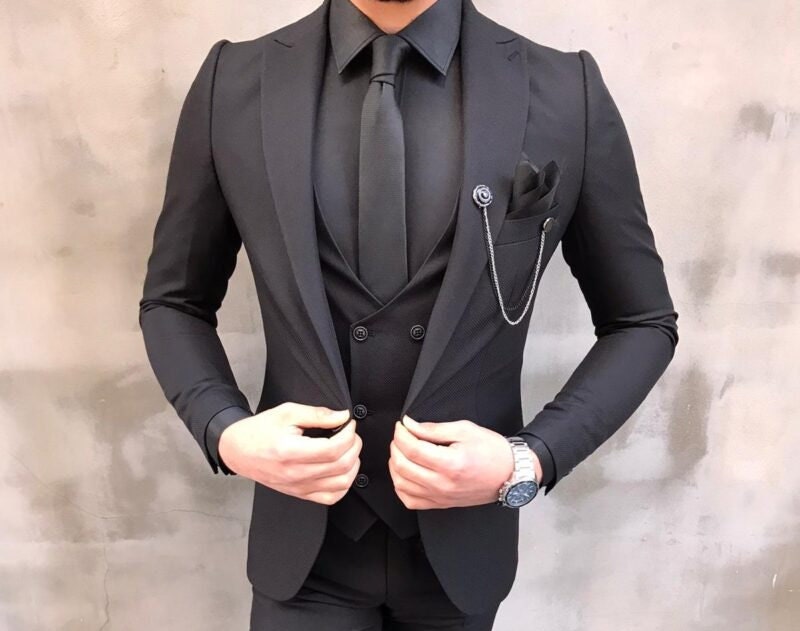 Men Single Breasted 3pc Suit Custom Made Black Luxury Cotton - Etsy