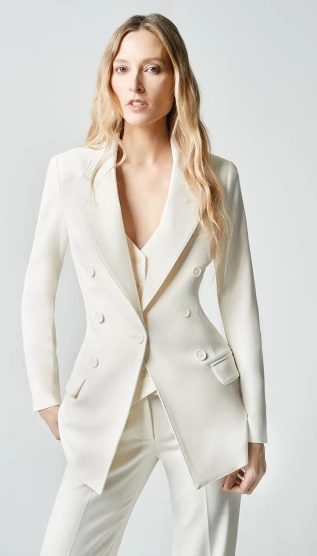 Women Bespoke Designer 3 Piece Suit Ivory Cotton Peak Lapel Single ...