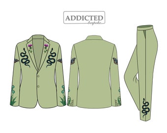 Men Green Western 2Pc Country Western Suit Customized Snake & Flower Embroidered Cotton Pantsuit Prom Wedding Cocktail Attire Gift For Him