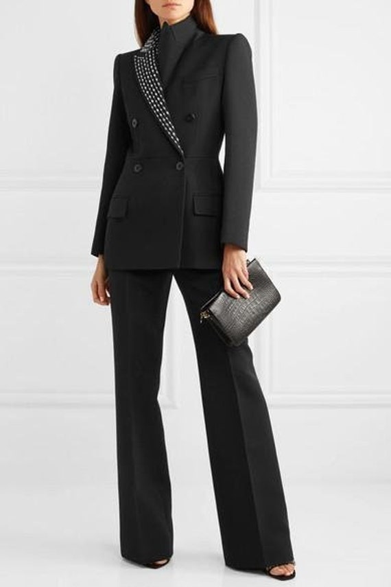 Women's Custom Made Cotton Black 2 Piece Suit Double Breasted