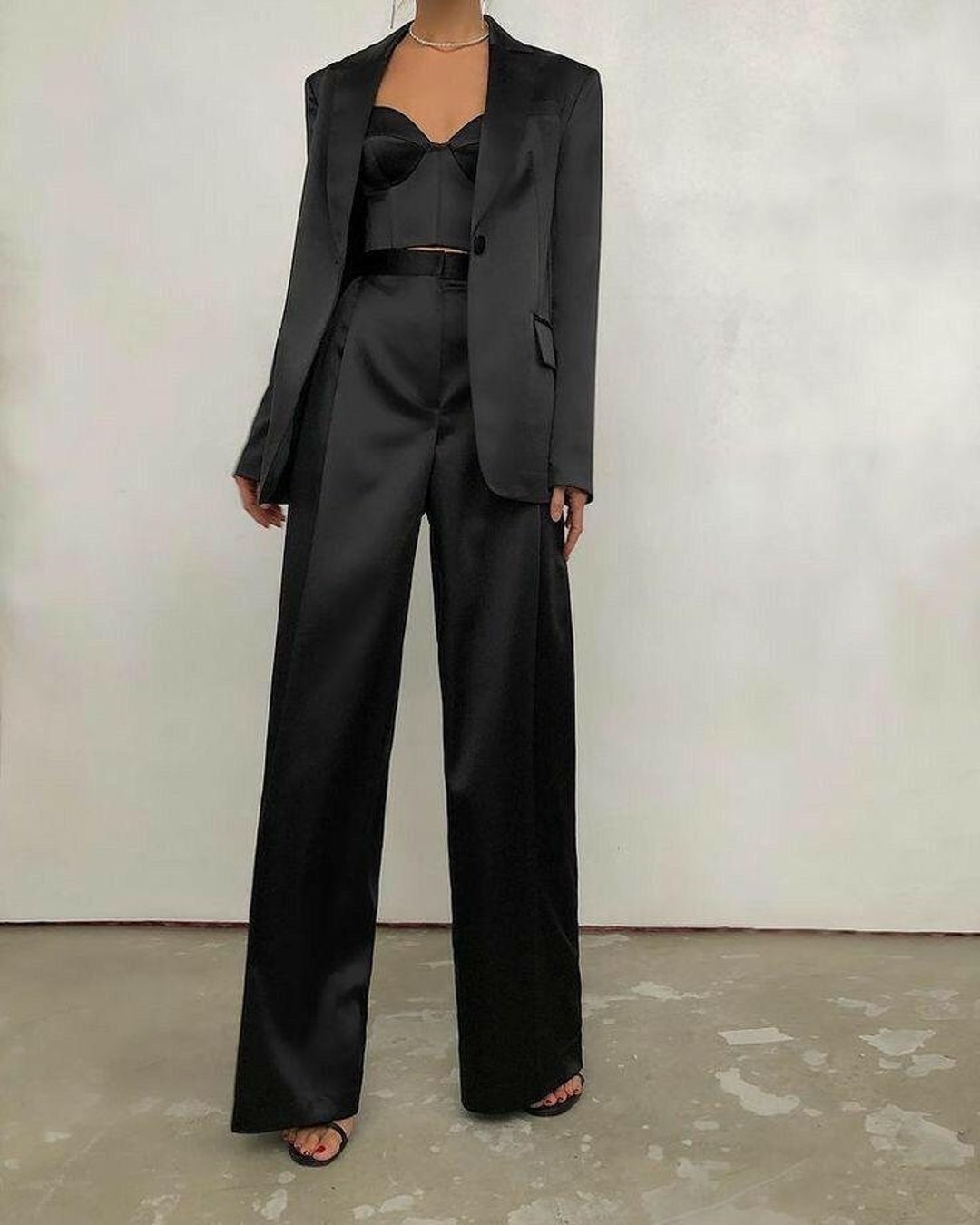 Women Black Satin 3pc Suit With Bustier Top High Waisted Notch Laple ...