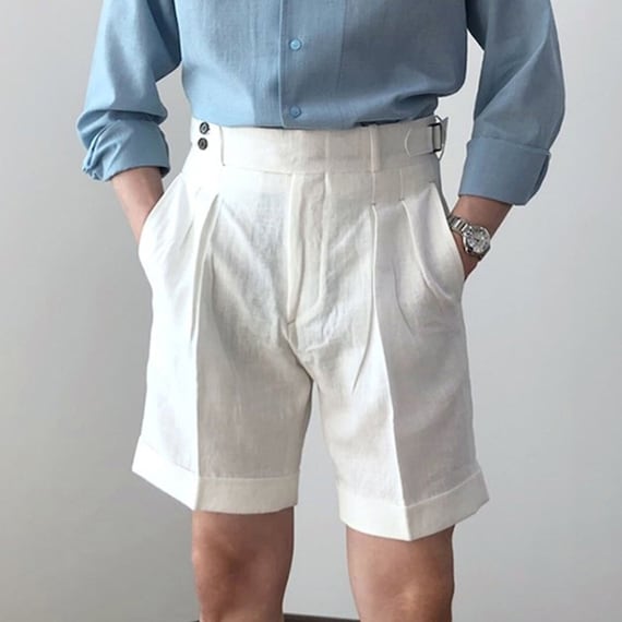 Buy Men Bespoke Ivory Linen Gurkha Shorts Premium Single Pleated Side  Button Closure Designer Attire Travel Office Business Formal Party Wear  Online in India 