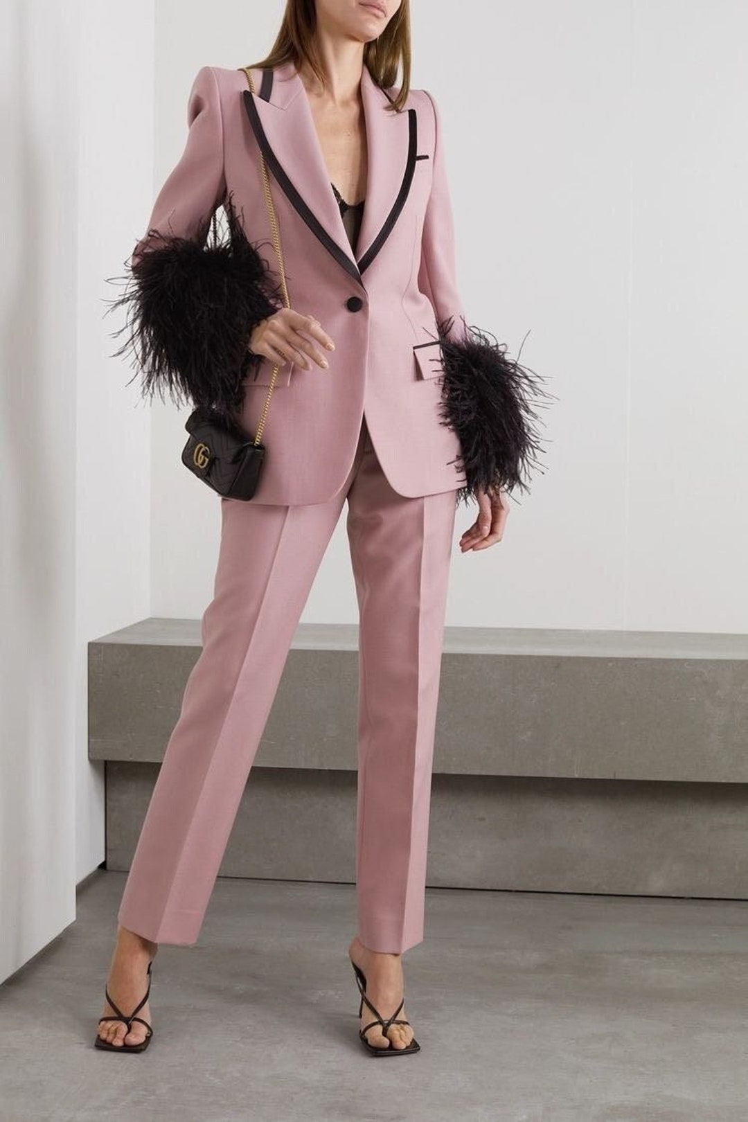 Women Bespoke Pink Cotton 2piece Pant Suit Custom Made Black Feather women-bespoke-pink-cotton-2piece-pant-suit-custom-made-black-feather