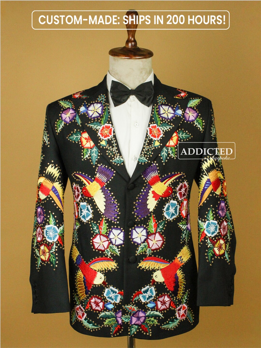 Men's Bespoke Black Cotton Blazer Premium Floral Embroidered Rhinestone