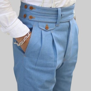 Men's Blue Cotton Gurkha Pants High Waisted Straight Leg Double Button Closer Custom Made Double Pleated Business Casual Semi-Formal Attire