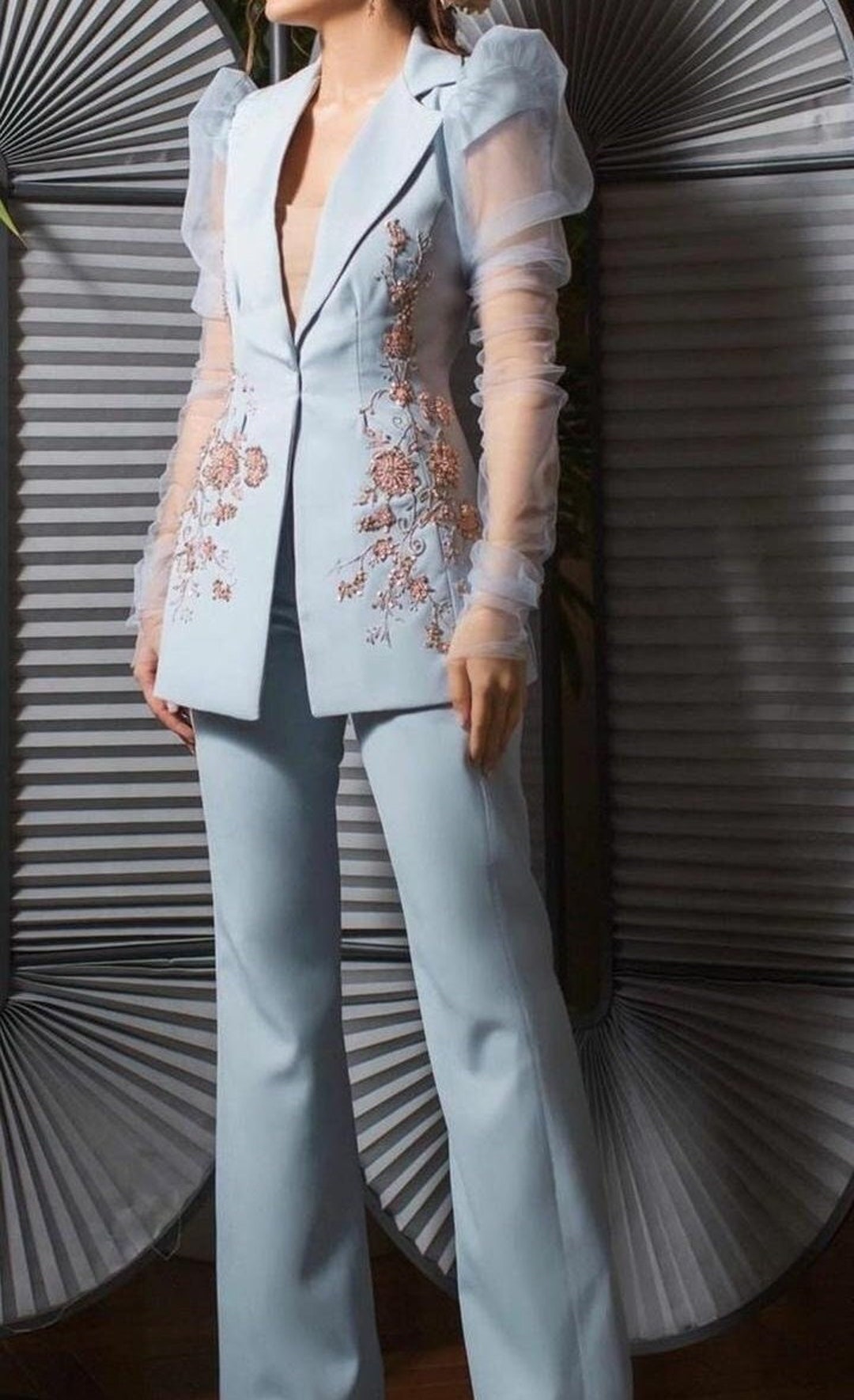 Women Custom Made Two Piece Suit Embellished Blue Cotton Designer Puff  Sleeves Blazer With Wide Leg Trousers Wedding Evening Cocktail Attire 
