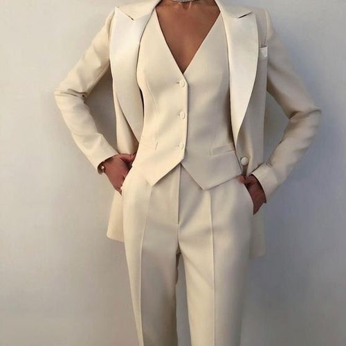 Women Ivory 3 Piece Wedding Suit Set Custom Made Satin Peak - Etsy