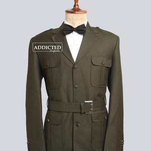 Hombres a medida algodón verde Safari Bush chaqueta de diseñador botón más cercano con cinturón ajustable ropa de viaje de caza Shacked regular ropa de calle