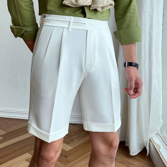 Men Tailor Made Premium Cotton White Designer Pleated Shorts With Side Two  Button Closure for Travel Office Business Formal Events Party 