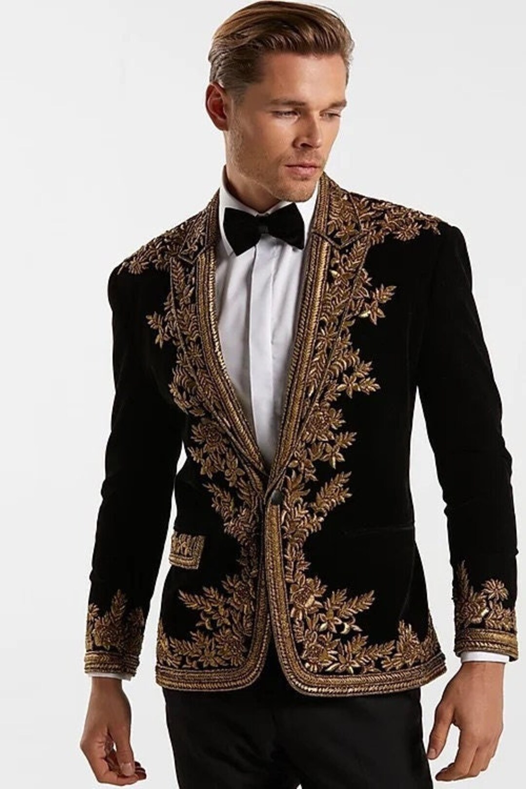 Men Black Golden Embroidered Blazer Custom Made Velvet Single - Etsy