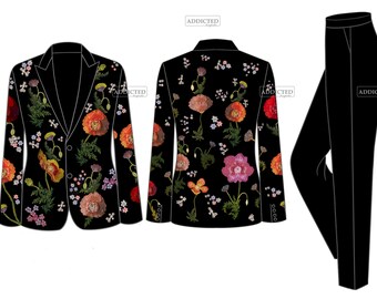 Men Custom Made Western Wedding 2Piece Suit Designer Black Cotton Poppy Flowers Embroidered Flora & Fauna Outfit Groom Cocktail Prom Attire