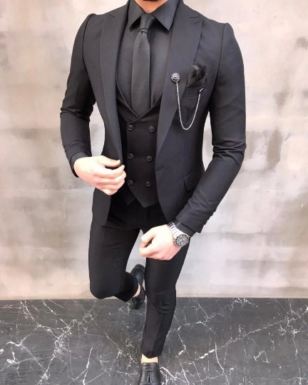 Men Single Breasted 3pc Suit Custom Made Black Luxury Cotton - Etsy