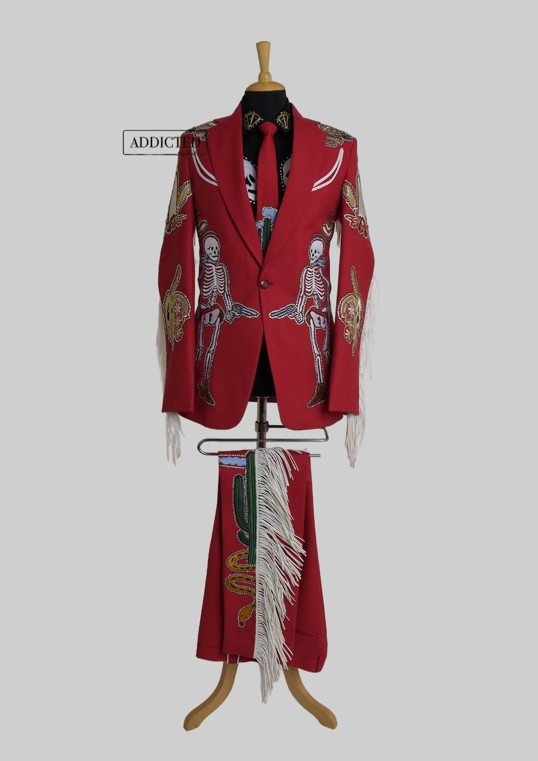 Men 2 Piece Western Suit Custom Made Cowboy Skeleton Embroidered With