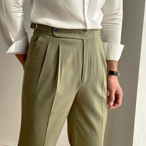 Men Custom Made Cotton Green Gurkha Pants Premium Double Pleated Adjustable Buckle Personalized Business Formal Office Trousers Gift For Him