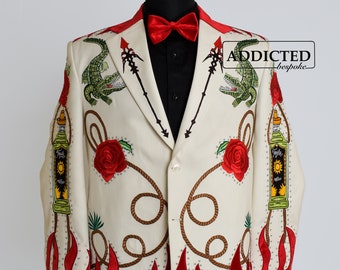 Men 2Pc Western Cotton Ivory Suit Wedding Country Western Pantsuit With Rhinestones Fire Patch Cowboy Custom Made Prom Cocktail Attire