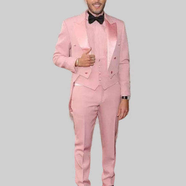 Men Custom Made Designer Pink 3 Piece Tuxedo Suit Satin Lapel Tailcoat With High Waist Trousers Groom Wedding Cocktail Dinner Party Outfits