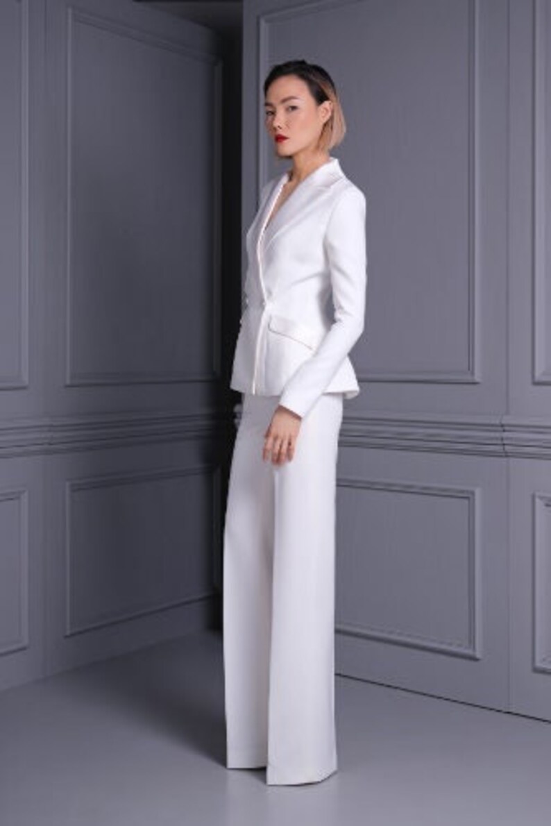 Women White 2pc Suit Set Double Breasted Overlaped Collar Etsy