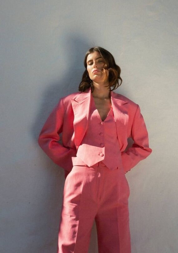 Pink linen top suit womens