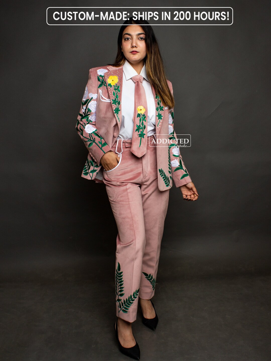 Women Custom Made Pink Rose Velvet Wedding Suit Flora & Fauna ...