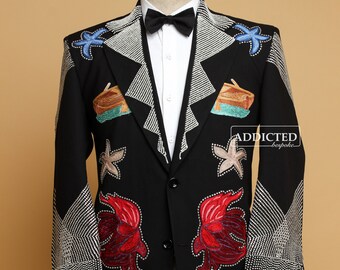 Men's Custom Made Black Cotton Western Blazer Nautical Embroidered Rhinestones Pearl Embellished Notch Lapel Jacket For Wedding Prom Outfit