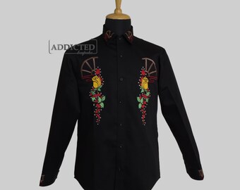 Men Cowboy Custom Made Black Cotton Wedding Shirt Rose Embroidered Designer Country Western Attire Dinner Cocktail Prom Personalized Outfits