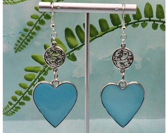 Silver Square Light Blue Heart Drop Earrings, Resin Earrings, Stainless Steel Earring, Women Jewelry Gift, Gift for Her, Summer Earrings