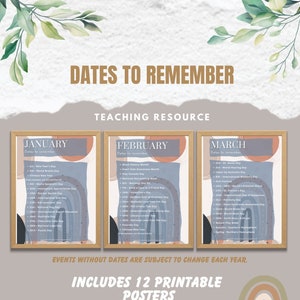 Op de afbeelding: Een set van drie printbare posters met een blauw, grijs en perzikkleurig kleurenschema. Elke poster heeft een regenboogontwerp en vermeldt belangrijke datums om te onthouden voor januari, februari en maart. De tekst "DATES TO REMEMBER" staat bovenaan de posters, en de tekst "TEACHING RESOURCE" staat onder de titels. De tekst "EVENTS WITHOUT DATES ARE SUBJECT TO CHANGE EACH YEAR" staat onder de posters. De tekst "INCLUDES 12 PRINTABLE POSTERS" staat onder de vorige tekst. De tekst "A WONDERFUL RESOURCE FOR EDUCATORS" staat onderaan de afbeelding.