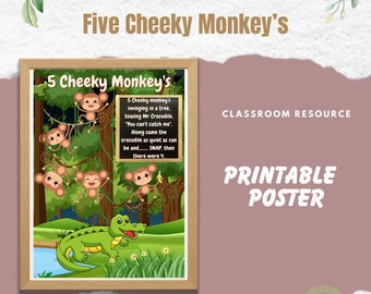 5 Cheeky Monkey's Song with Lyrics Printable Poster -Early Childhood Teacher Resources, Homeschool, Kindergarten, Preschool, classroom