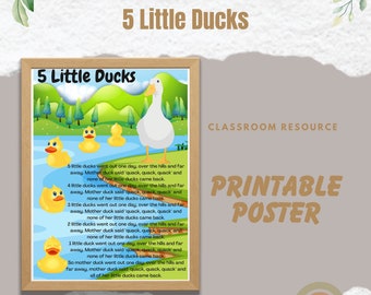 5 Little Ducks Song con letra Póster imprimible -Recursos para maestros de la primera infancia, educación en el hogar, jardín de infantes, preescolar, aula