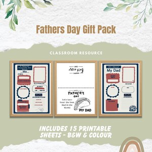 May include: A printable Father's Day gift pack with three different designs. The designs include a "All About My Dad" page, a "Happy Father's Day" page with a taco, and a "Special Keepsake All About Me" page. The pack includes 15 printable sheets in black and white and color.