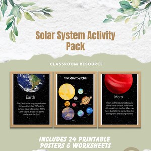 May include: A printable pack of educational posters and worksheets about the solar system. The posters feature illustrations of Earth, Mars, and the solar system. The text on the posters includes facts about each planet. The pack includes 24 printable posters and worksheets.
