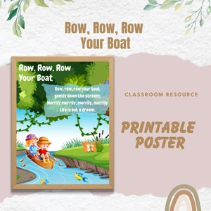 Row, Row, Row Your Boat の歌詞付き歌、印刷可能なポスター - 幼児教育教師向けリソース、ホームスクール、幼稚園、保育園、教室