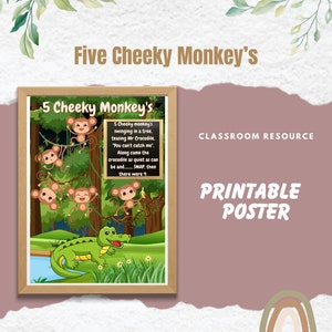 5 Cheeky Monkey の歌詞付き歌の印刷可能なポスター - 幼児教育教師リソース、ホームスクール、幼稚園、保育園、教室
