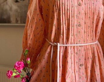 Floral Summer dress in pure cotton Hand Block print with shirt Collar & accordian pleats-pockets-Hand Block Peach-sustainable Holiday dress