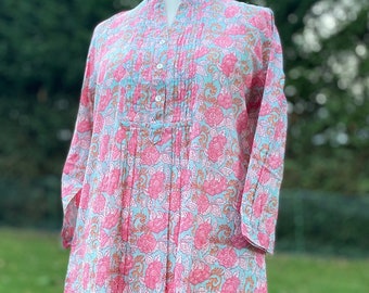 Floral Block Print A-Line dress-Tunic in Pure lightweight cotton-Blue-Pink-Pockets-Casual-Holiday-Summer dress-Vintage vibe-Bohemian-Ethical
