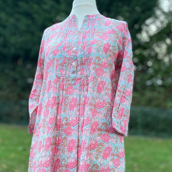 Robe trapèze à imprimé floral-Tunique en pur coton léger-Bleu-Rose-Poches-Décontracté-Vacances-Robe d'été-vibe vintage-Bohème-Éthique