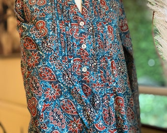Robe chemise longue tunique indienne en coton imprimé bloc - Poches - Coupe trapèze décontractée - Coupe facile - Robe de vacances - ambiance vintage - Bohème - Ethique