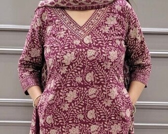 Reine Baumwolle Gerade Kurta Hose Dupatta Set mit Hand-Block-Print -Feine Stickerei am V-Neck-Occasional-Casual-nachhaltig-Indian Ethnic