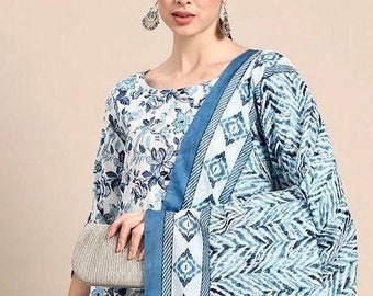 Blue-white Botanical print Anarkali Kurta/Dress-pant & Dupatta set in Pure cotton Block print--Casual-Occasional-Sustainable