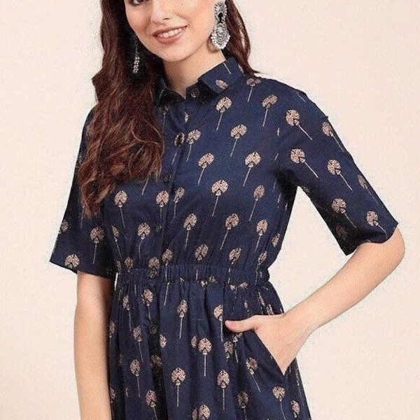 Jumpsuit in Pure cotton fabric-Golden Etnic print on NavyBlue- Shirt collar-Elastic waist-Flared bottom-Pocket-casual-Occasional-sustainable